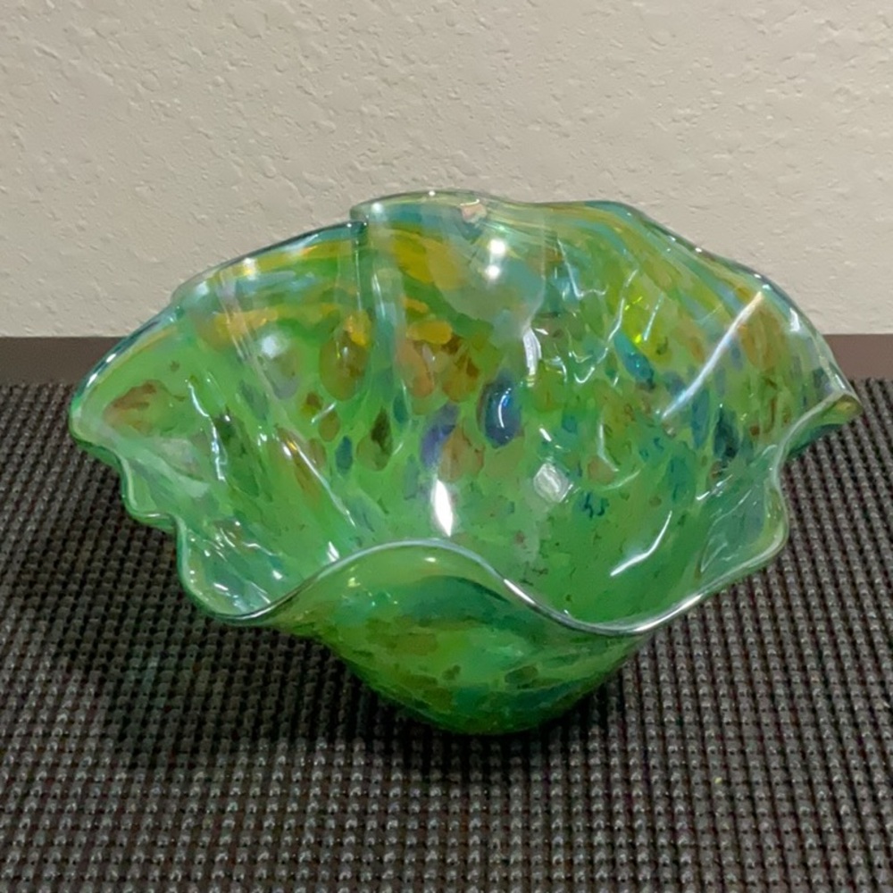 Glass Eye green glass bowl. Made in USA